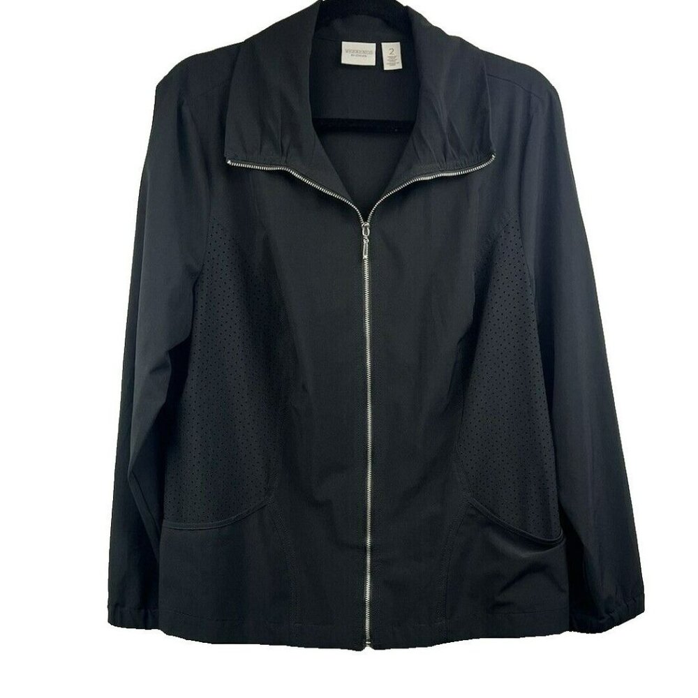 Chico's Weekends Jacket Large Solid Black Lightweight Vented Full‎ Zip Pockets
